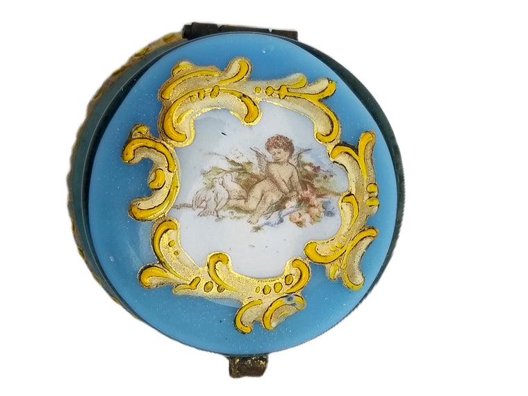 Moser Bohemian Art Glass Blue Opalescent & Enamel Cherub Patch Box