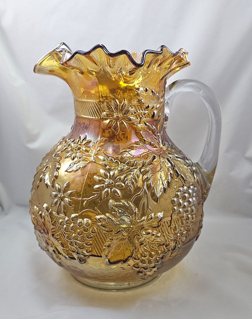 Dugan Diamond Marigold Carnival Glass Floral & Grape Lemonade Pitcher