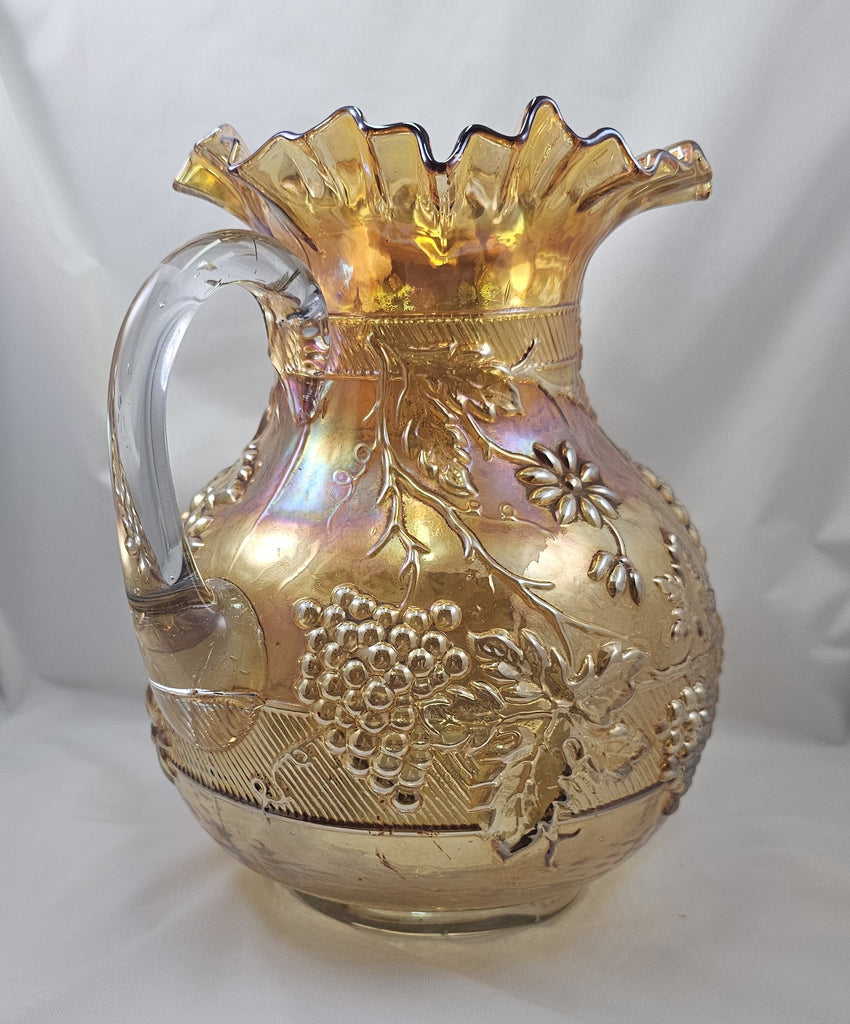 Dugan Diamond Marigold Carnival Glass Floral & Grape Lemonade Pitcher