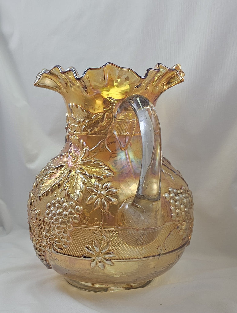 Dugan Diamond Marigold Carnival Glass Floral & Grape Lemonade Pitcher