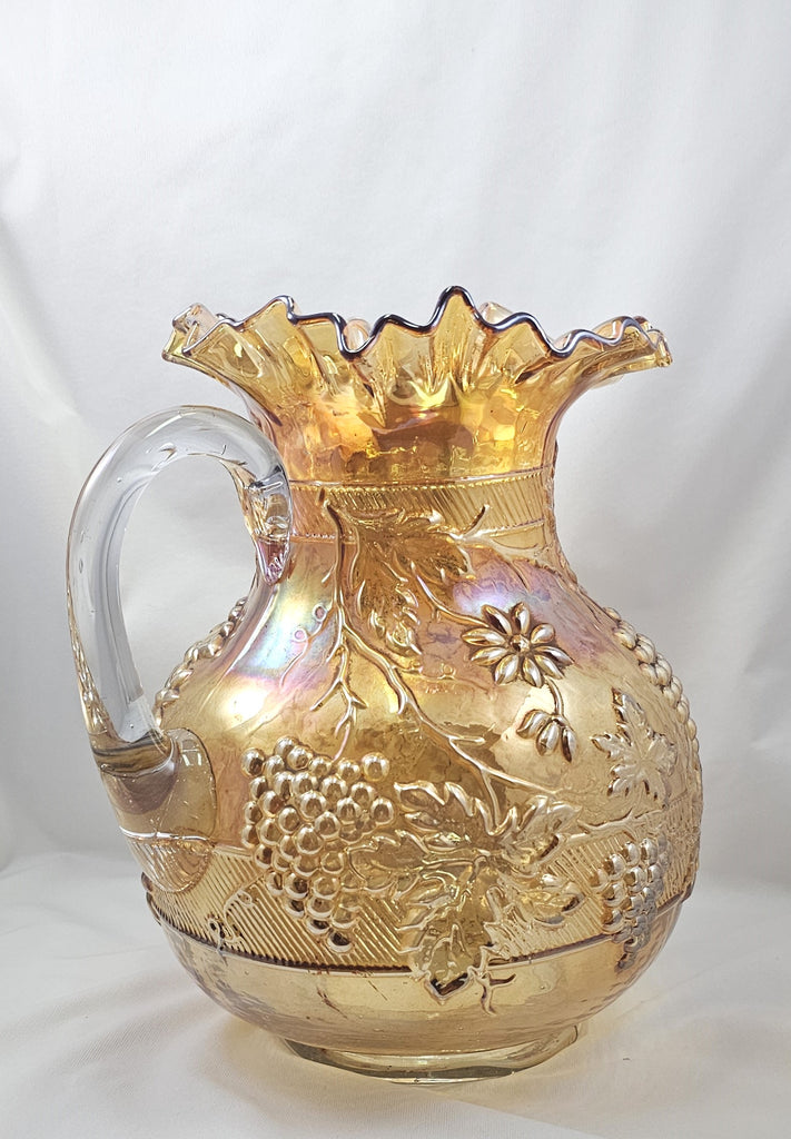 Dugan Diamond Marigold Carnival Glass Floral & Grape Lemonade Pitcher