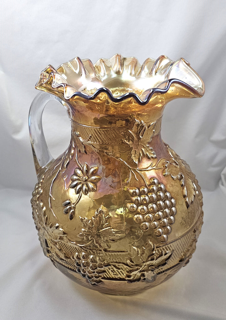 Dugan Diamond Marigold Carnival Glass Floral & Grape Lemonade Pitcher