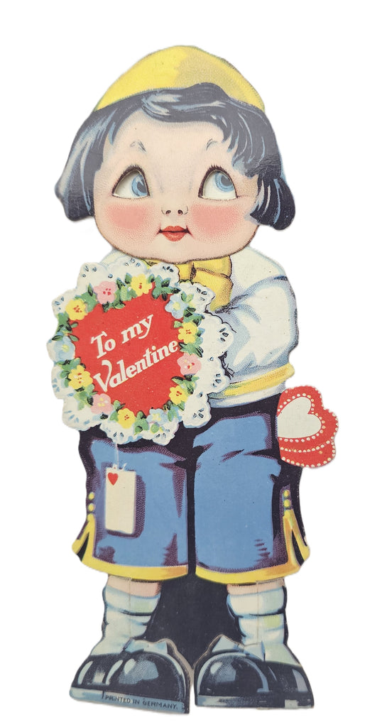 Vintage Mechanical Die Cut Valentine Card Little Boy Holding Flower Heart Moving Eyes