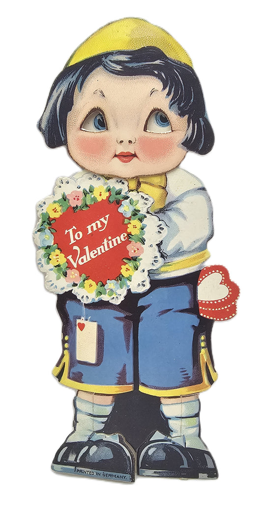 Vintage Mechanical Die Cut Valentine Card Little Boy Holding Flower Heart Moving Eyes