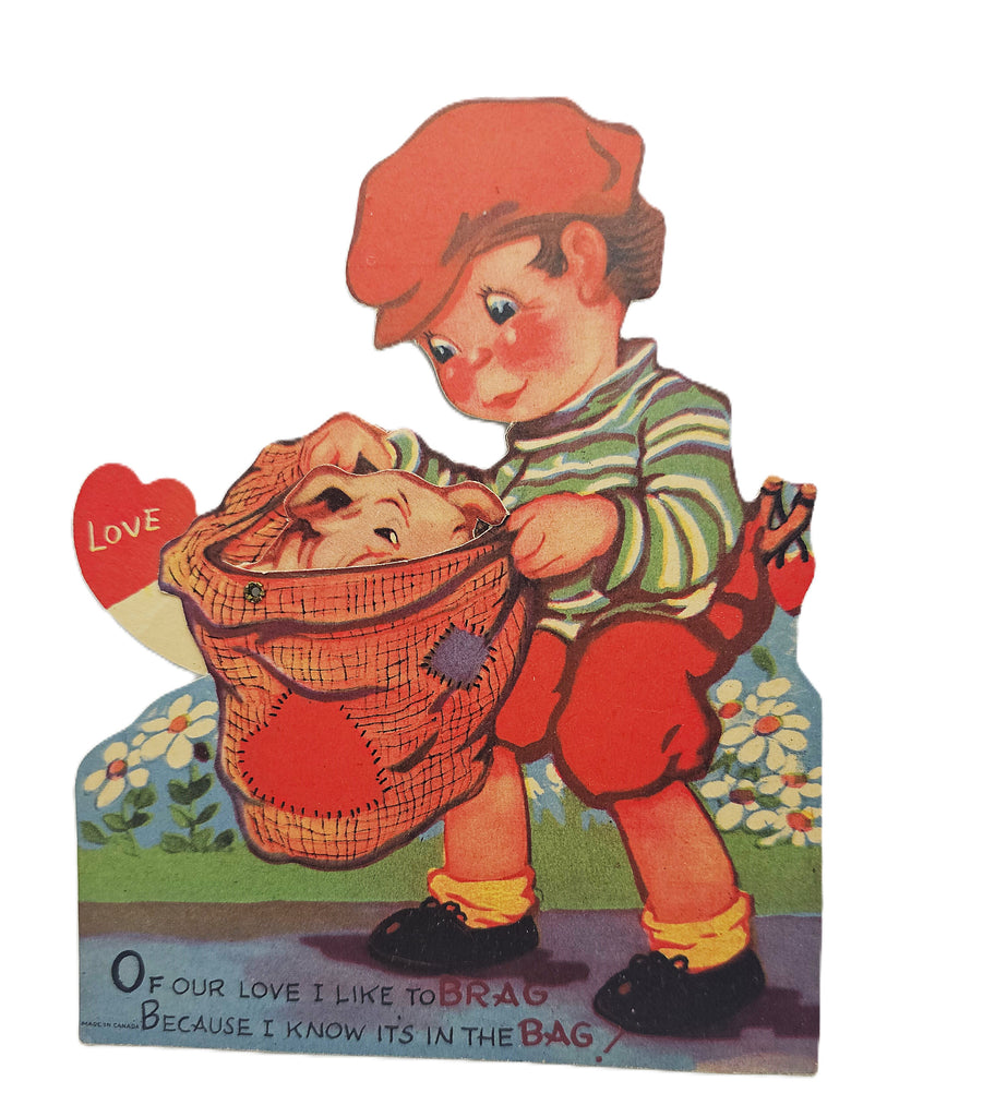 Vintage Mechanical Die Cut Valentine Card Little Boy Holding Sack with Baby Pig Popping Out