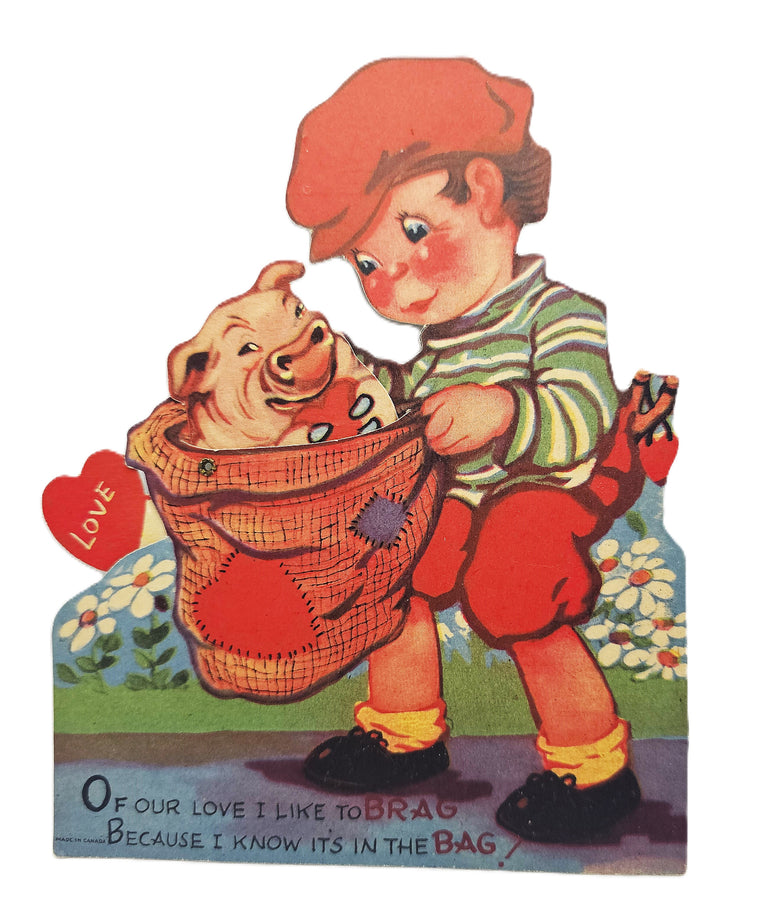 Vintage Mechanical Die Cut Valentine Card Little Boy Holding Sack with Baby Pig Popping Out