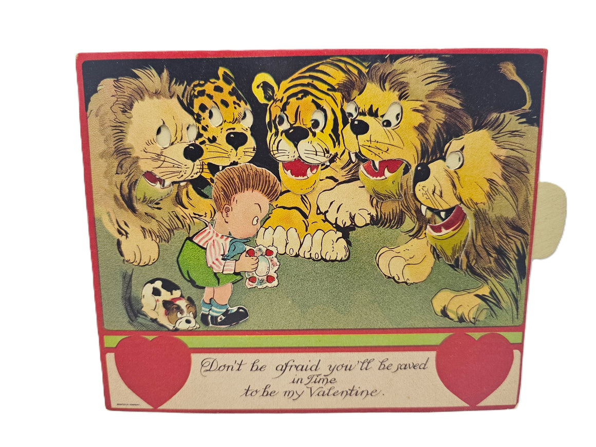 Vintage Mechanical Die Cut Valentine Card Little Boy with Puppy Dog Holding Card Surrounded by Tigers Lions Germany