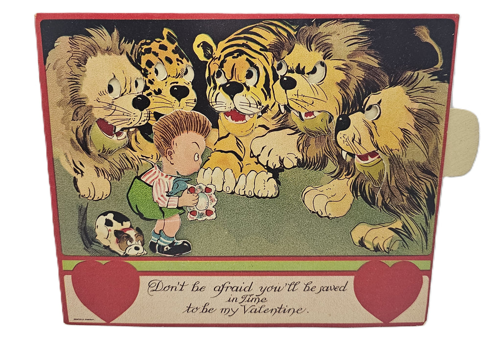 Vintage Mechanical Die Cut Valentine Card Little Boy with Puppy Dog Holding Card Surrounded by Tigers Lions Germany