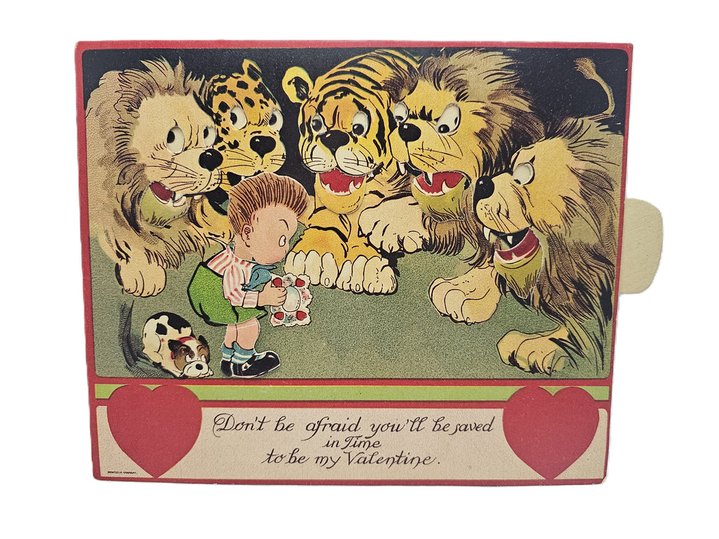 Vintage Mechanical Die Cut Valentine Card Little Boy with Puppy Dog Holding Card Surrounded by Tigers Lions Germany