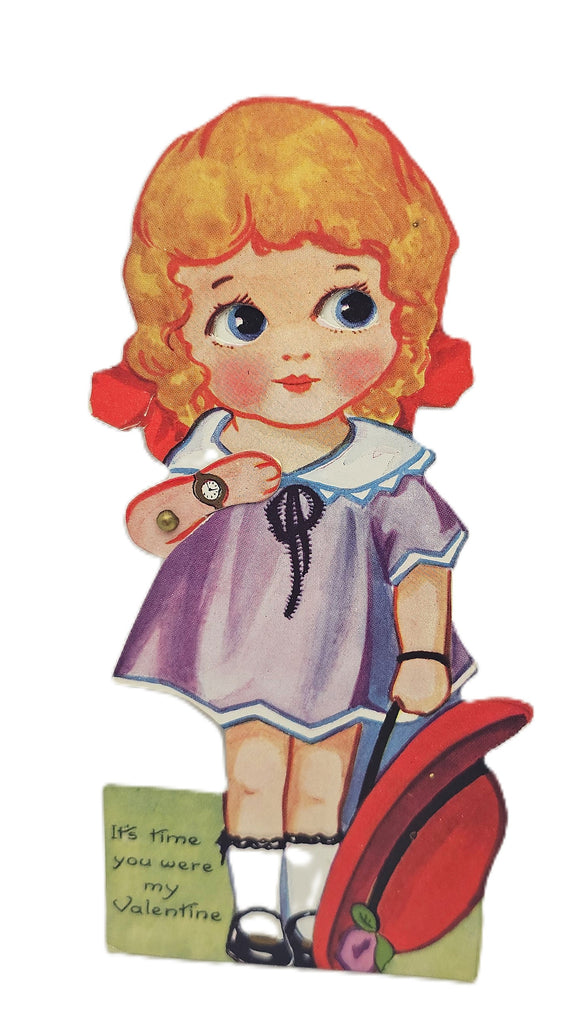 Vintage Mechanical Die Cut Valentine Card Little Girl Holding Her Hat with Moving Googly Eyes Carrington Pub