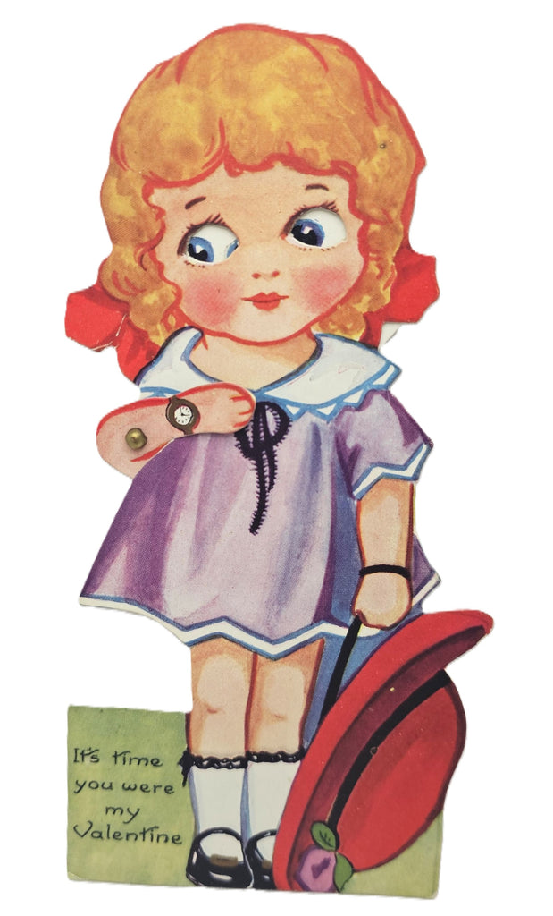 Vintage Mechanical Die Cut Valentine Card Little Girl Holding Her Hat with Moving Googly Eyes Carrington Pub