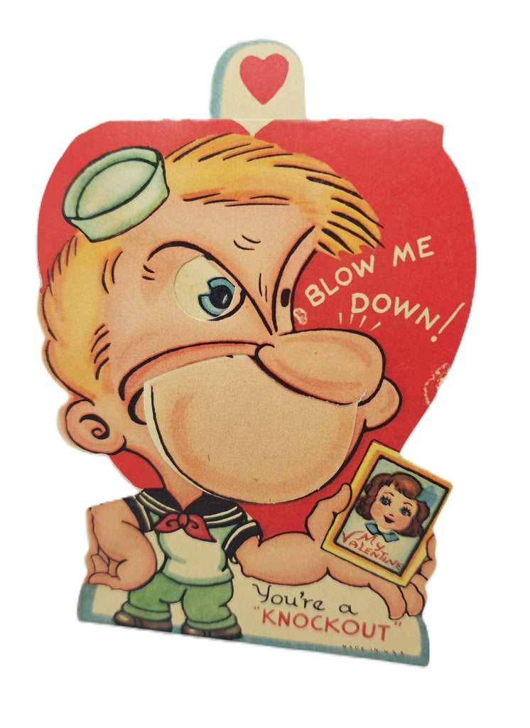 Vintage Mechanical Die Cut Valentine Card Popeye Winking with Picture of Pretty Girl, 1940s Valentine's Card