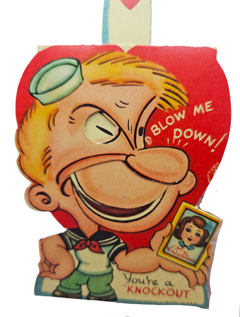 Vintage Mechanical Die Cut Valentine Card Popeye Winking with Picture of Pretty Girl, 1940s Valentine's Card