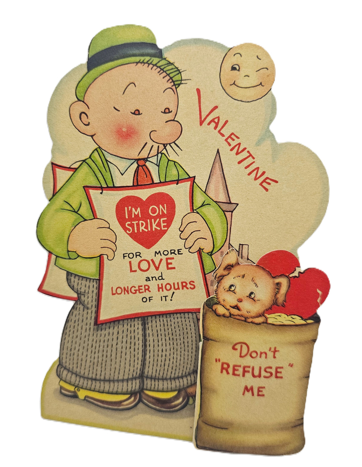 Vintage Fold Out Die Cut Valentine Card Popeye Theme Wimpy with Puppy in Barrel , 1940s Valentine's Card