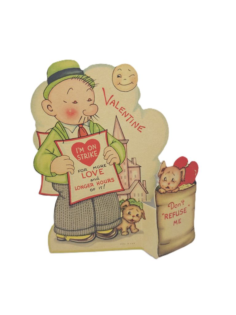 Vintage Fold Out Die Cut Valentine Card Popeye Theme Wimpy with Puppy in Barrel , 1940s Valentine's Card