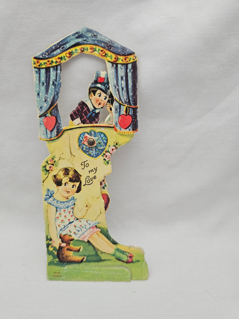 Vintage Mechanical Die Cut Valentine Card, 1920s German Valentine's, Little Girl with Teddy Watching Puppet Show