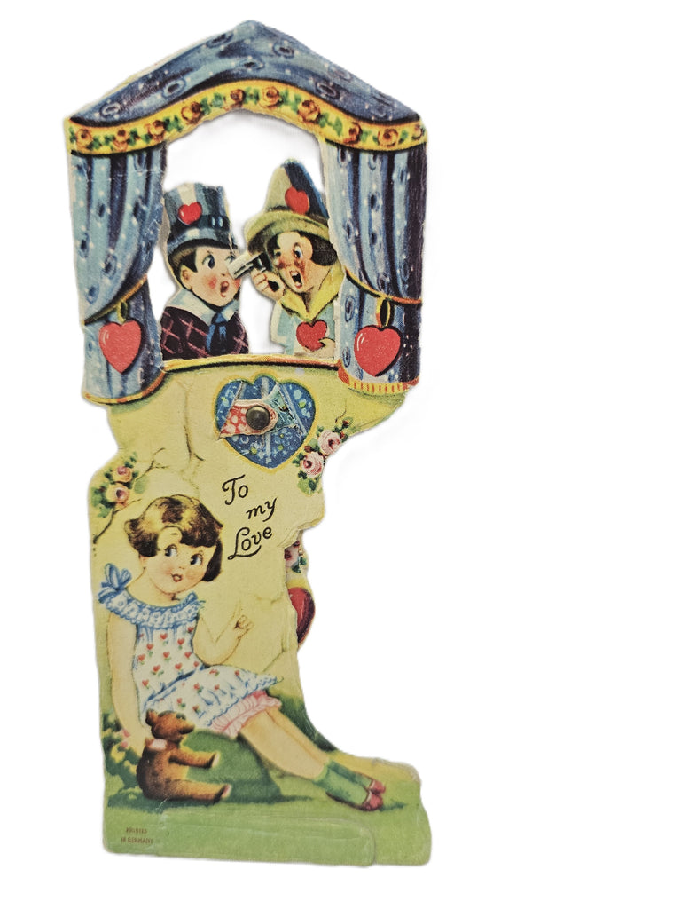 Vintage Mechanical Die Cut Valentine Card, 1920s German Valentine's, Little Girl with Teddy Watching Puppet Show