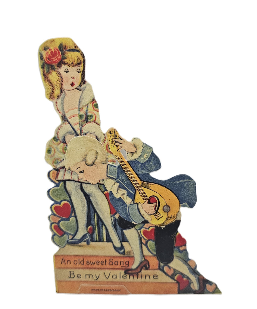 Vintage Mechanical Die Cut Valentine Card, 1920s German Valentine's, Little Girl Being Serenaded by Boy Playing Mandolin