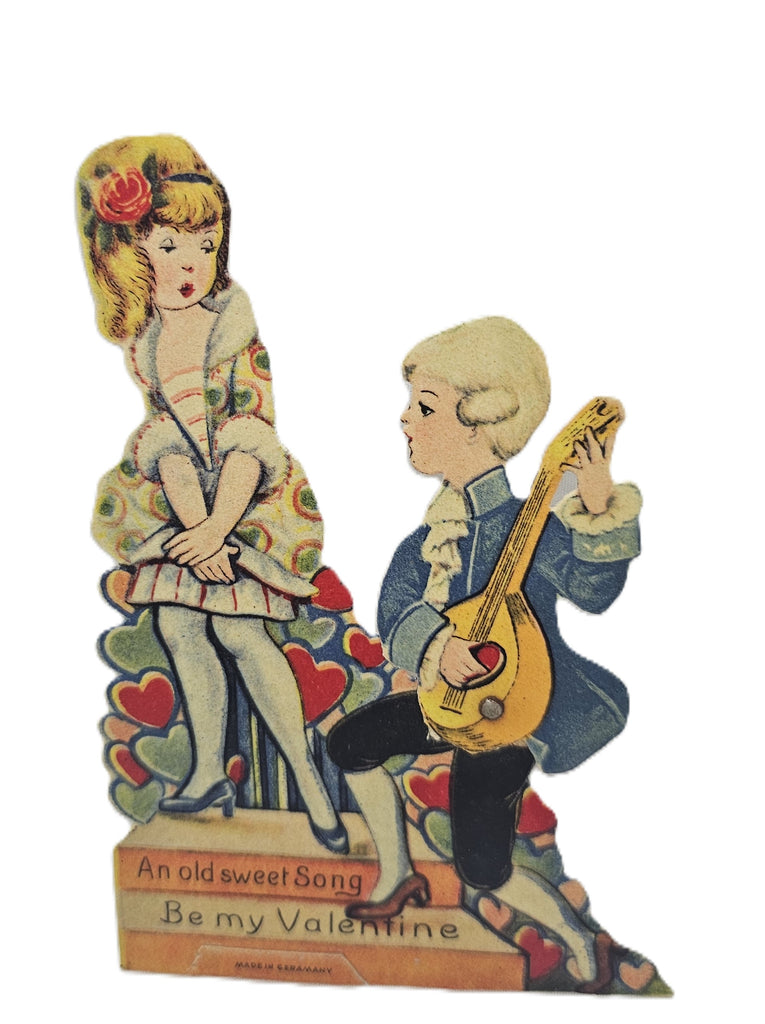 Vintage Mechanical Die Cut Valentine Card, 1920s German Valentine's, Little Girl Being Serenaded by Boy Playing Mandolin