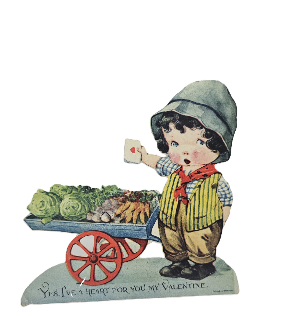 Vintage Mechanical Die Cut Valentine Card, 1930s German Valentine's, Little Boy with Vegetable Cart