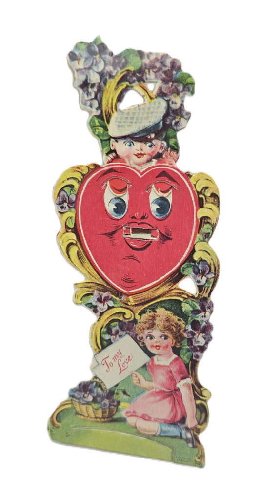 Vintage Mechanical Die Cut Valentine Card, 1930s German Valentine's, Little Girl with Boy in Mailman Hat Pops Out Heart with Eyes