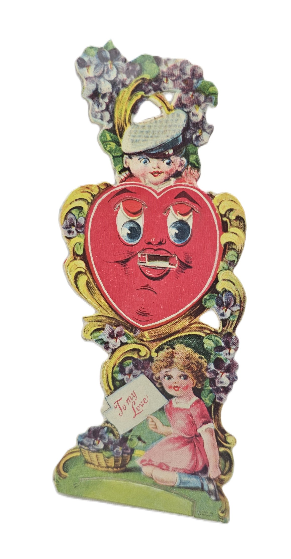 Vintage Mechanical Die Cut Valentine Card, 1930s German Valentine's, Little Girl with Boy in Mailman Hat Pops Out Heart with Eyes