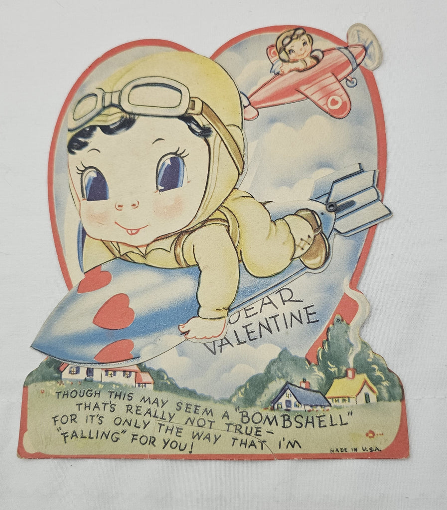 Vintage Mechanical Die Cut Valentine Card, 1940s USA Aviation Valentine's, Little Boy Riding Missile Bomb Out of Airplane