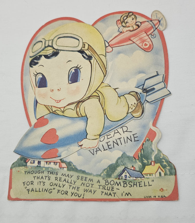 Vintage Mechanical Die Cut Valentine Card, 1940s USA Aviation Valentine's, Little Boy Riding Missile Bomb Out of Airplane