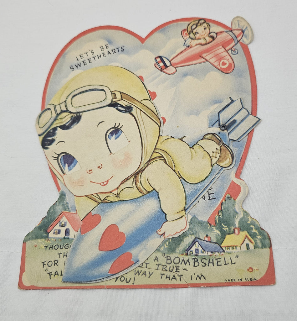 Vintage Mechanical Die Cut Valentine Card, 1940s USA Aviation Valentine's, Little Boy Riding Missile Bomb Out of Airplane