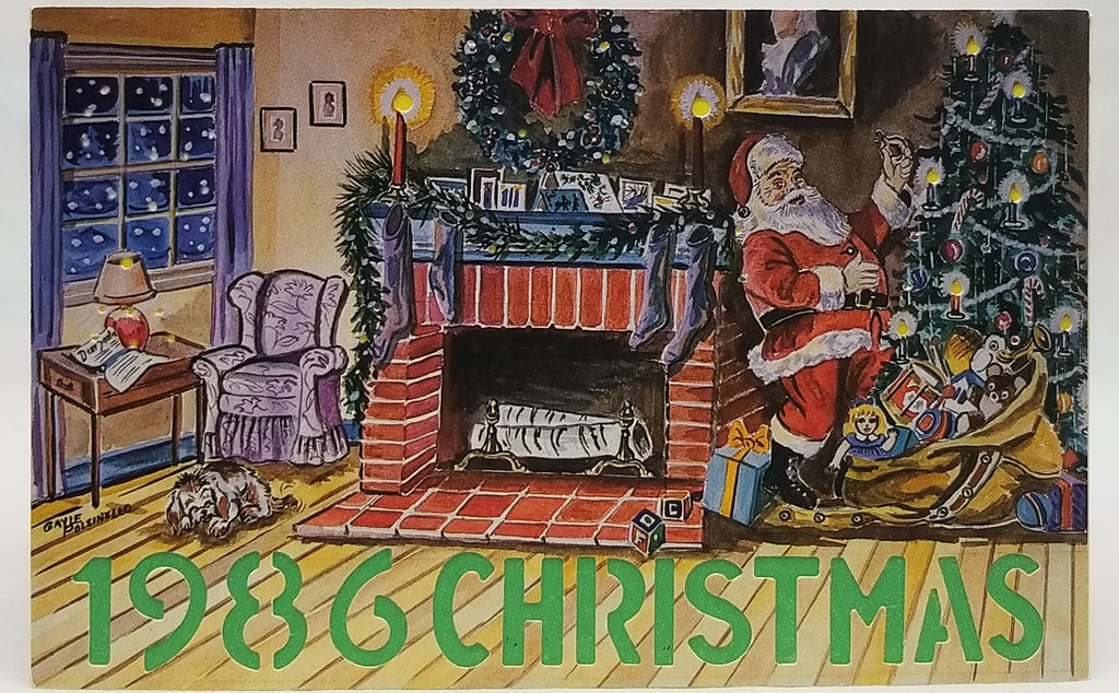 Christmas Postcard HTL Santa Claus by Fireplace 1986 Artists Dennis Mallory & Gayle Polsinello