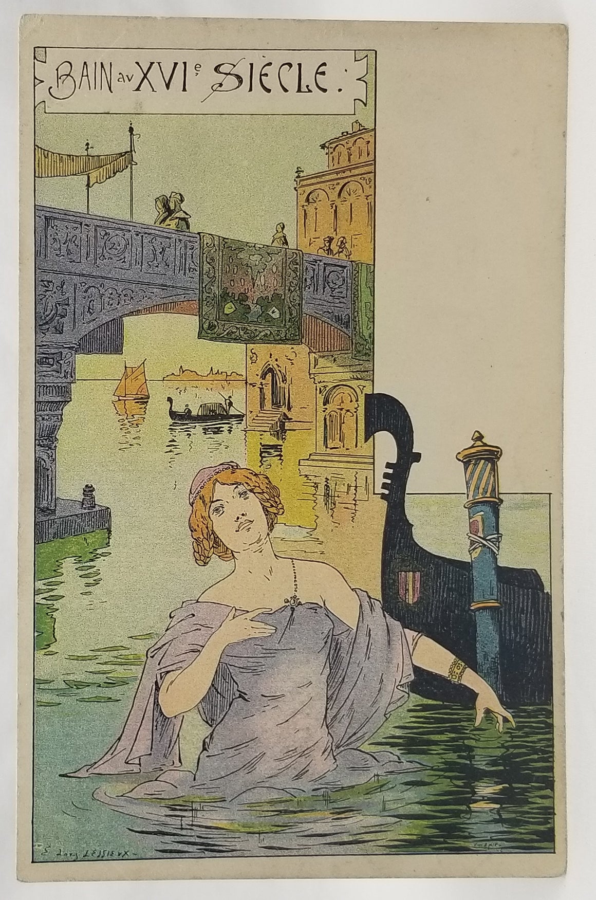 Art Nouveau Postcard French Artist Signed E Louis Lessieux Bathing Through Time Series the 16th Century Unused