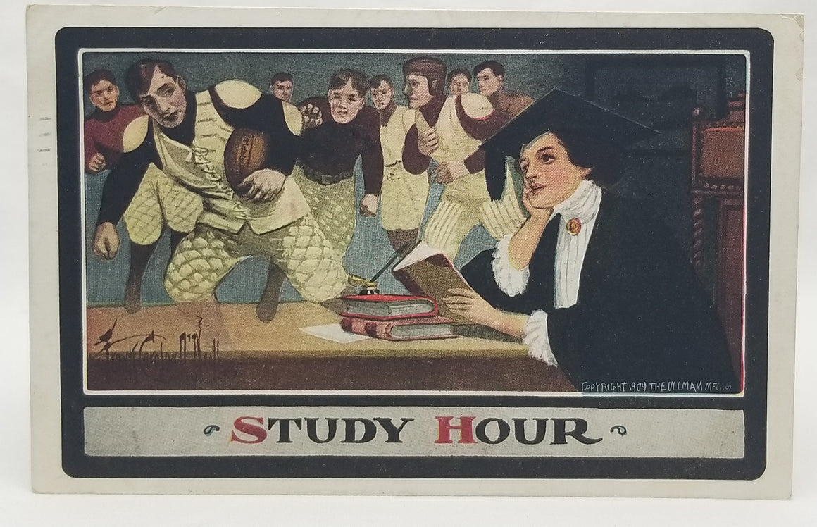 Artist Postcard Frank O'Neill Ullman Publishing College Girl in Graduation Gown Daydreams of Football Players During Study Hour