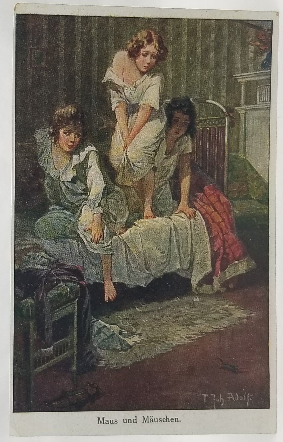 Artist Postcard John Adolf Mouse and Little Mouse Girls Standing on Bed Early 1900s