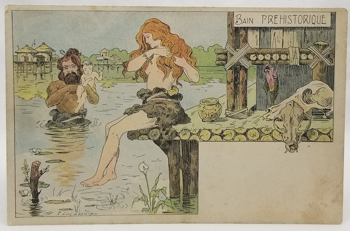 Art Nouveau Postcard French Artist Signed E Louis Lessieux Bathing Through Time Series Prehistoric Bath