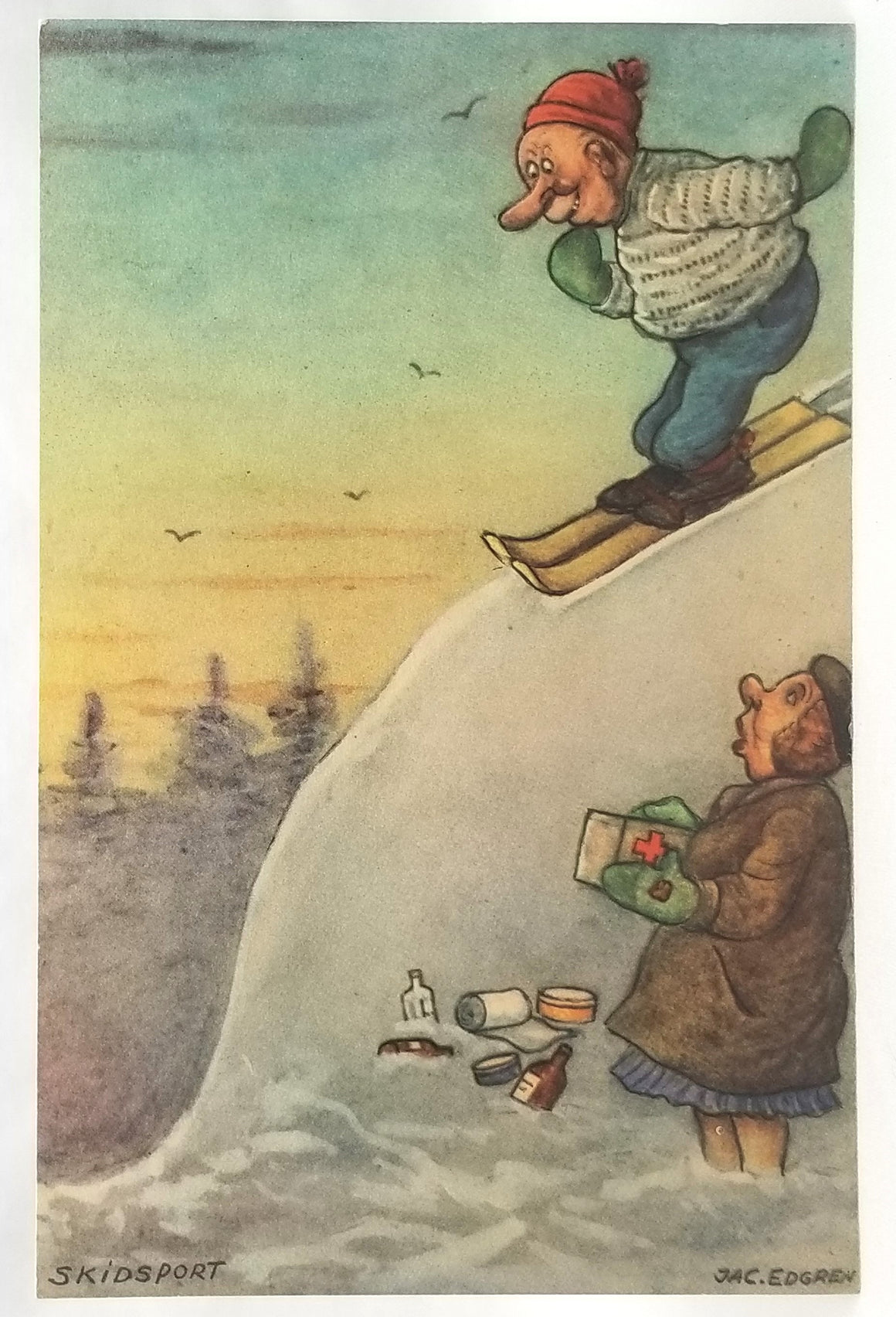 Humorous Postcard Artist Signed A/S Jac Edgren The Skier