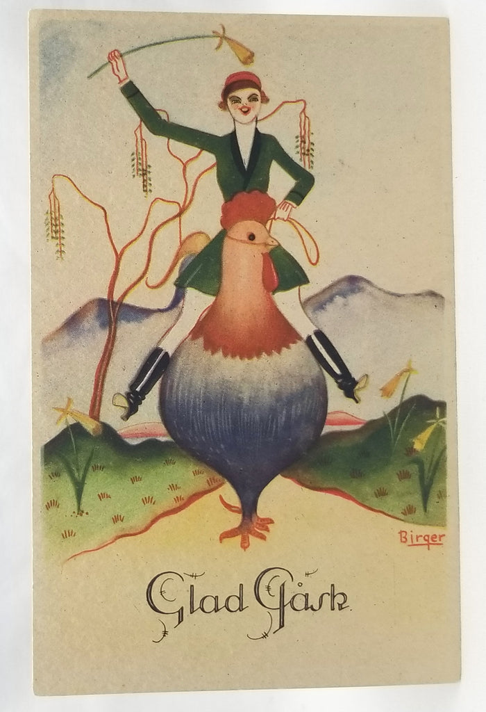 Vintage-style illustration of a person riding a large bird with mountains in the background, featuring the text 'Glad Gärå'.