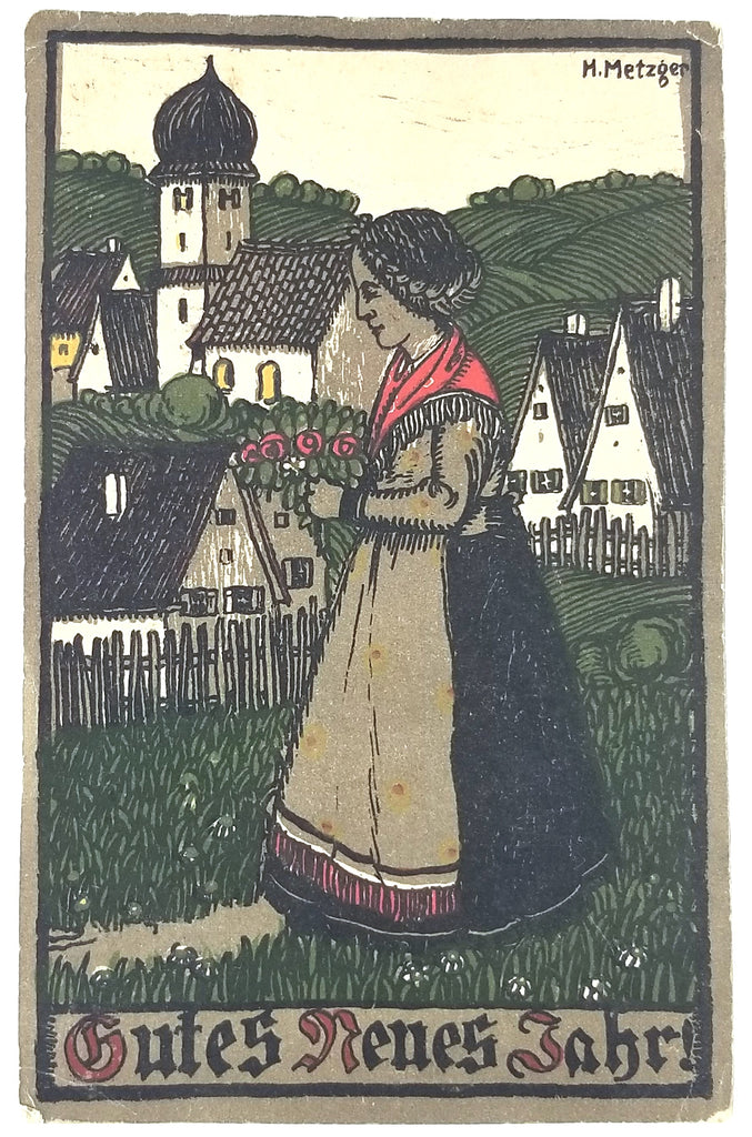German Happy New Year Postcard Artist H. Metzger Woman Holding Flowers