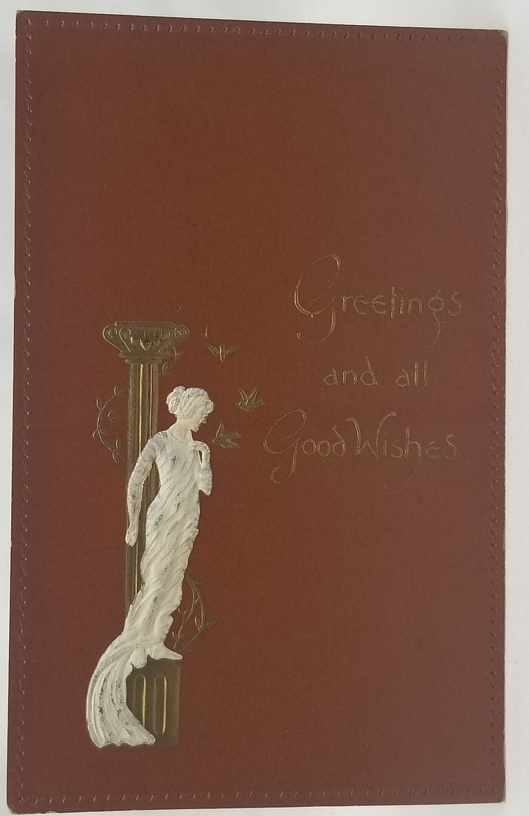 Best Wishes Postcard Leatheroid Greek Goddess Statue Pillar Gold Highlights