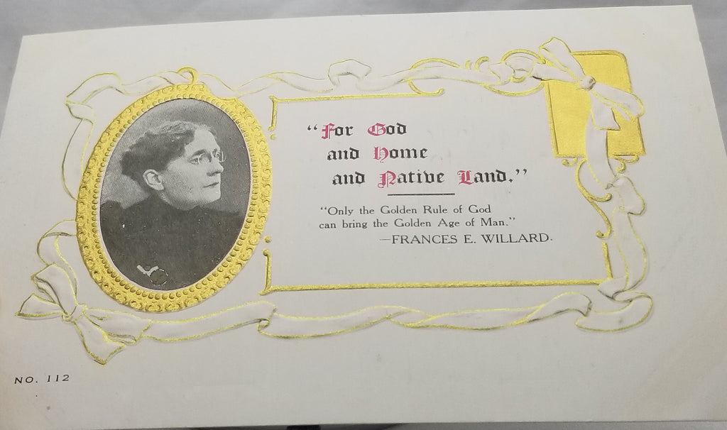 Suffrage Postcard Temperance Leader Francis Willard Portrait in Gold with Quote For God and Home and Native Land