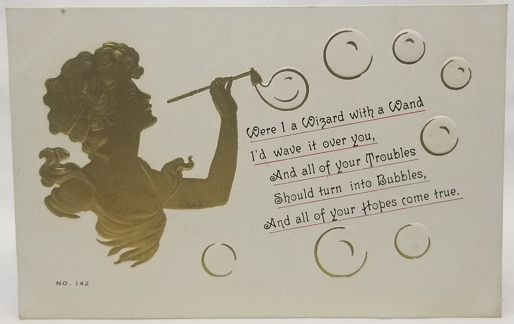 Gibson Girl Art Nouveau Woman in Gold Blowing Bubbles with Wand Fantasy Postcard