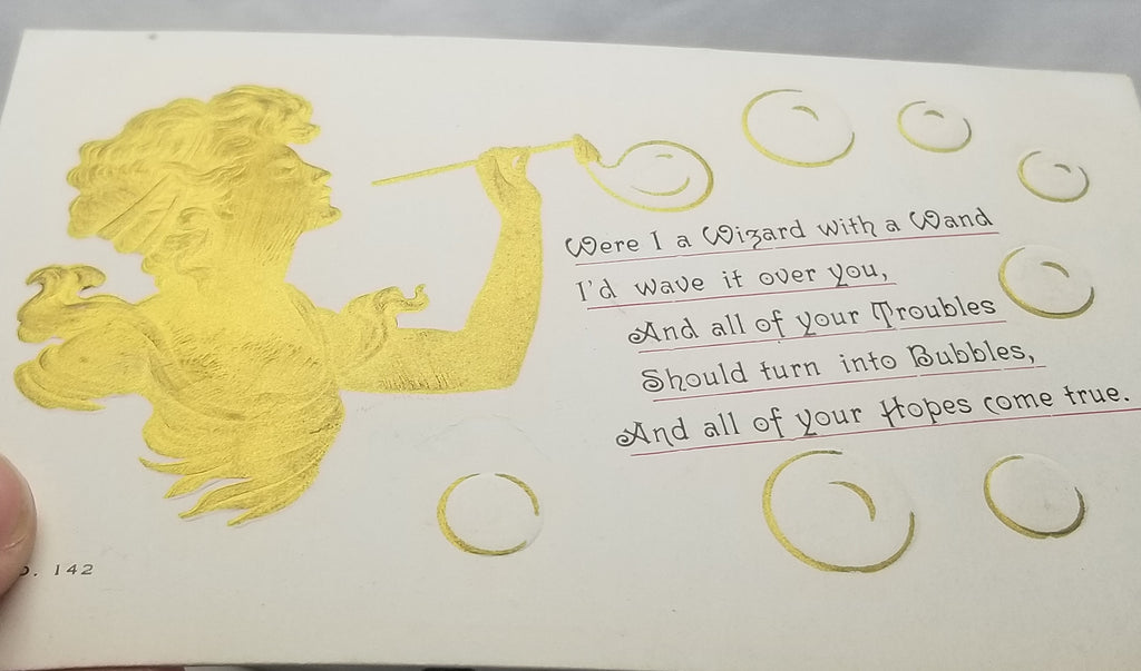 Gibson Girl Art Nouveau Woman in Gold Blowing Bubbles with Wand Fantasy Postcard