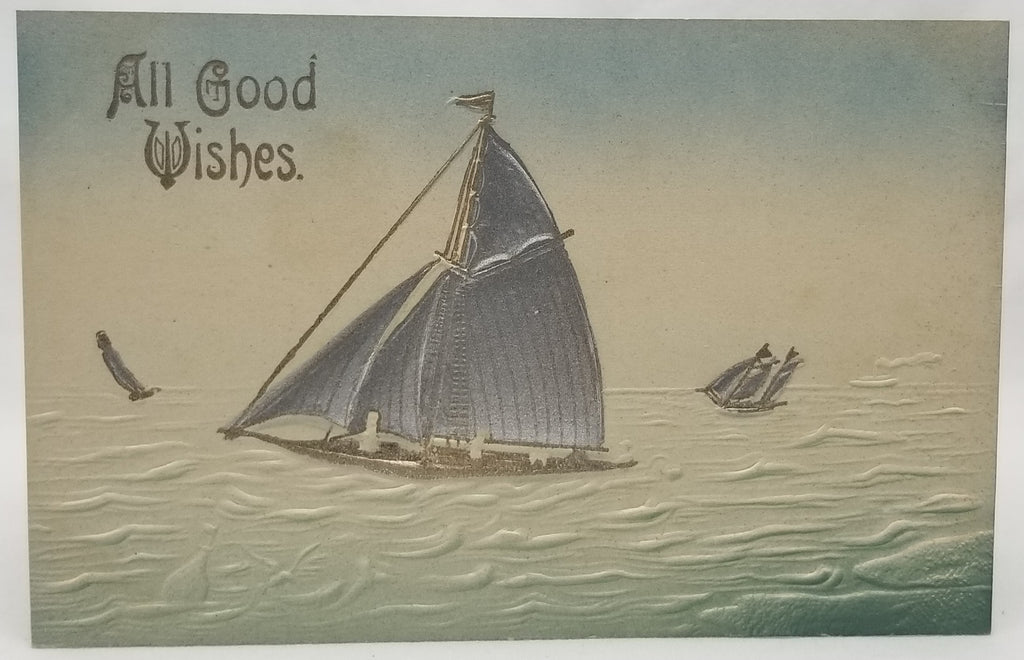 Greetings Postcard Best Wishes Embossed Card with Silver & Gold Sailboat on Ocean Airbrush Style