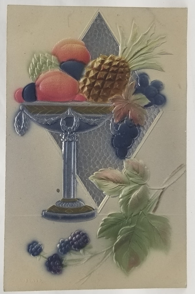 Greetings Postcard Embossed and Airbrushed Card with Silver Background Fruit Bowl