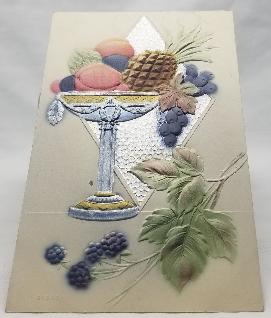 Greetings Postcard Embossed and Airbrushed Card with Silver Background Fruit Bowl