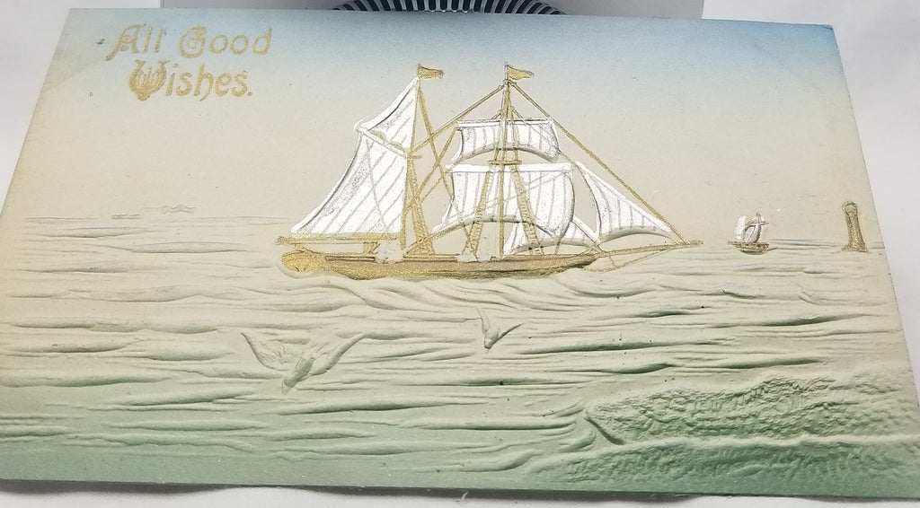 Greetings Postcard Best Wishes Embossed Card with Silver & Gold Sailboat on Ocean Airbrush Style with Blue Sky