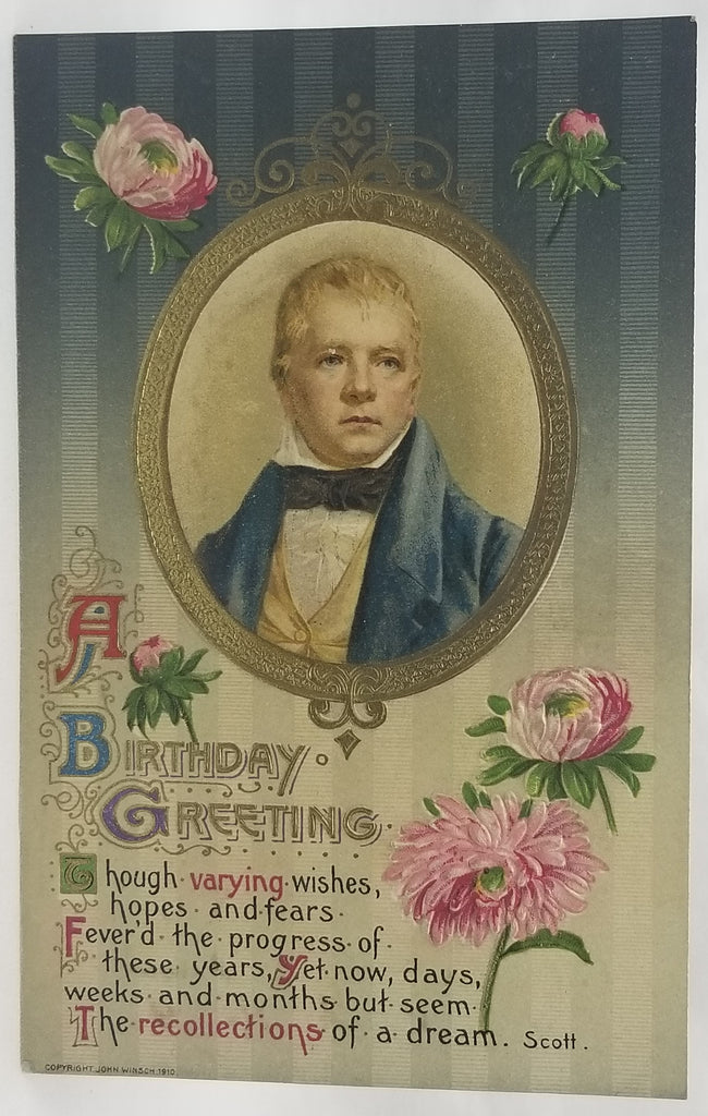 Greetings Postcard Birthday Sir Walter Scott Gold Embossed John Winsch Publishing