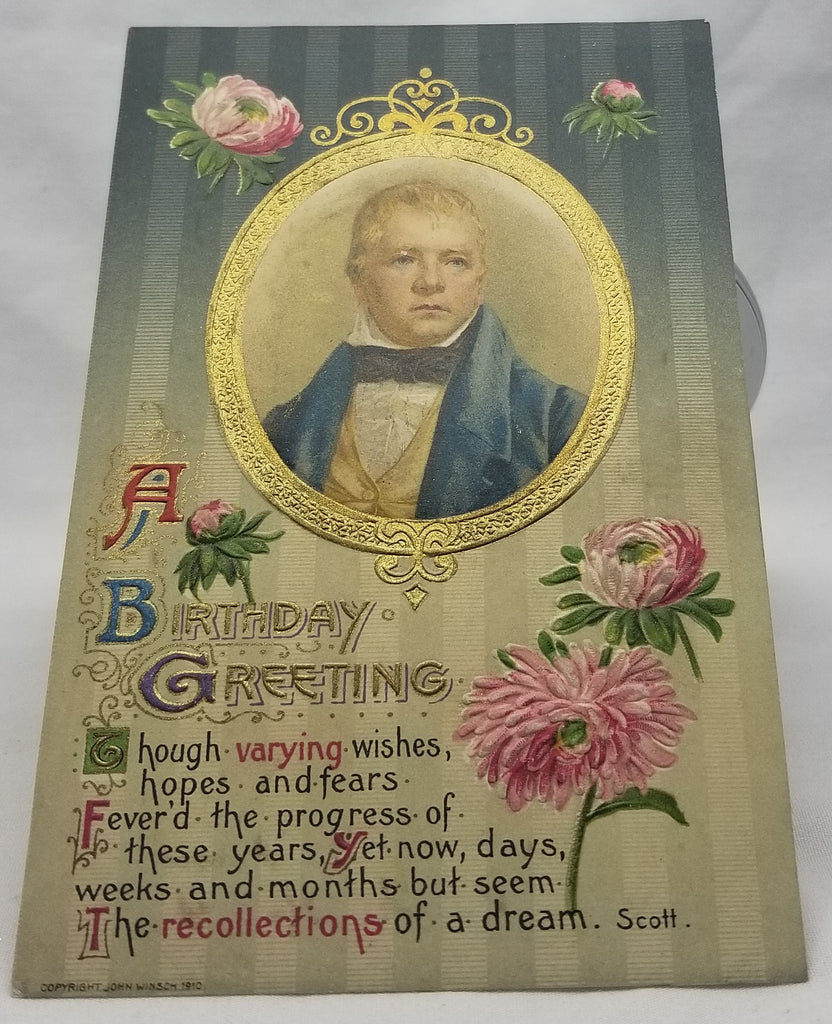 Greetings Postcard Birthday Sir Walter Scott Gold Embossed John Winsch Publishing