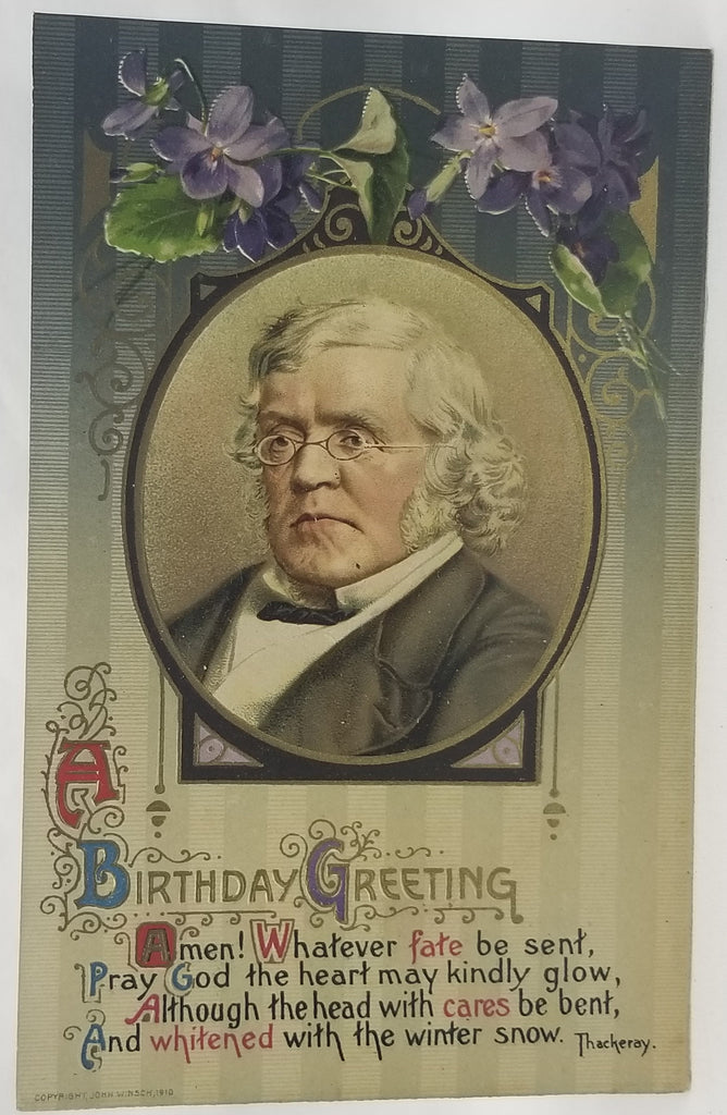 Greetings Postcard Birthday William Makepeace Thackeray Portrait Author Poem Gold Embossed John Winsch Publishing