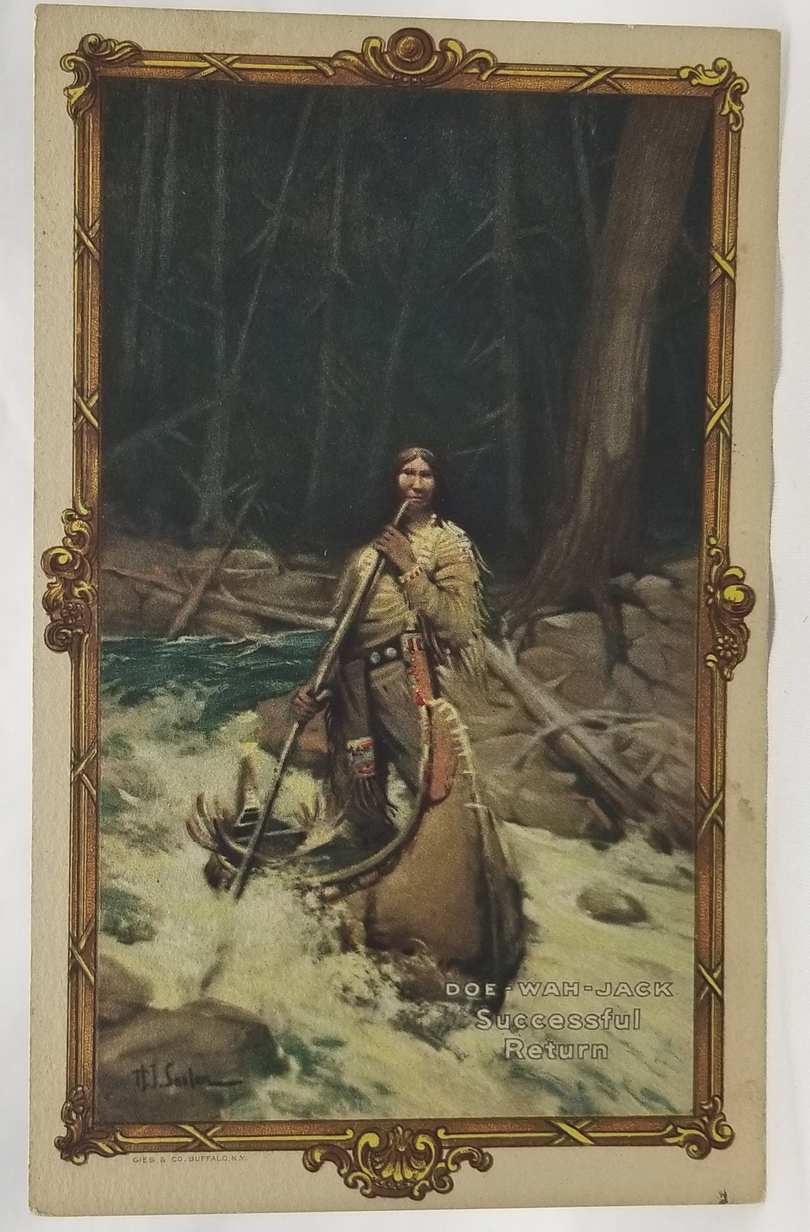 Advertising Postcard Round Oak Chief Iron Range North American Indian in Canoe on Rapids