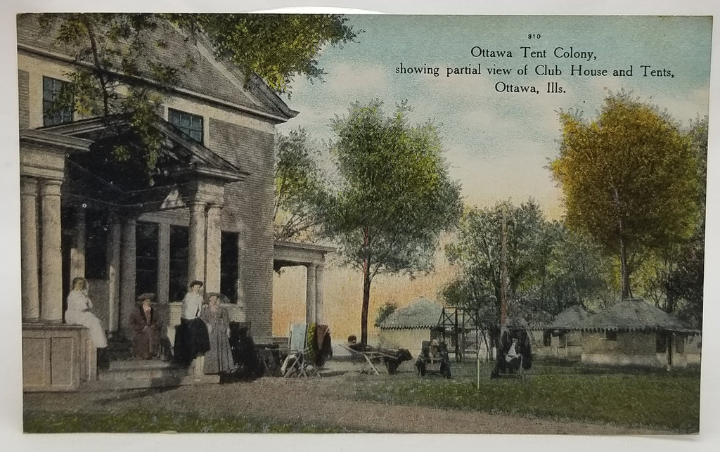 Ottawa Tent Colony Showing Partial View of Club House and Tents Ottawa, Illinois RPPC Style Postcard